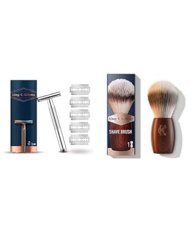 King C. Gillette Razor Hobel men razor + 5 razor blades & beard care Razor brush men with soft bristles and wooden handle shaving experience at barber level gift for men razor + 5 razor blades bundle with razor brush