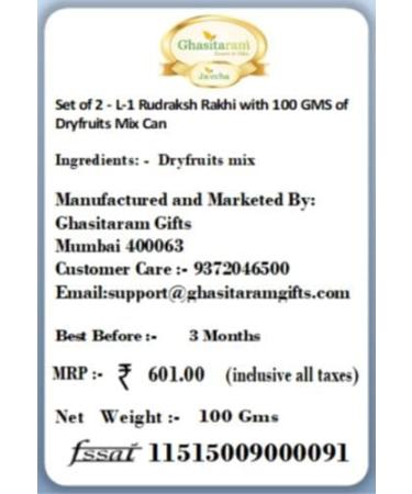 Ghasitaram Gifts Rakhi for Brother Rakhis Online Set of 2 - L-1 Rudraksh Rakhi with 100 GMS of Dryfruits Mix Can 2 Rakhi with 100 gms of Dryfruits Mix Can - Buy Online on GoSupps.com
