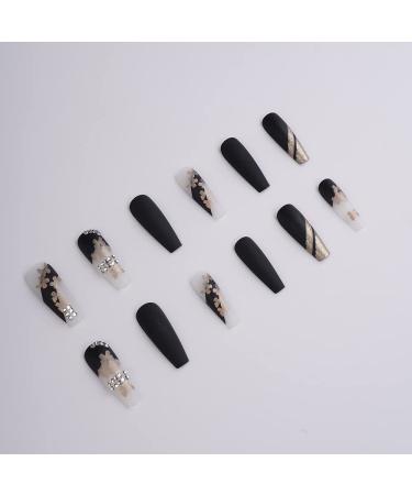 Xerling Black Gothic False Nails - Butterfly Gold Glitter Charms Rhinestones Matte Coffin Press On Nails for Women & Girls - 24 Pcs (Pattern D - Buy Online on GoSupps.com