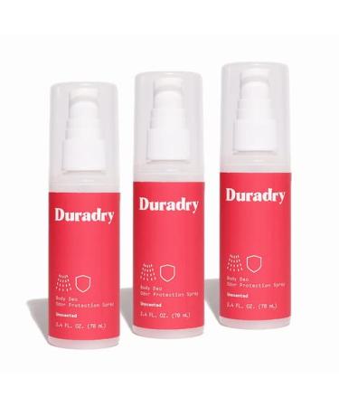 Duradry Body Deodorant Spray - Aluminum Free Deodorant Prevent and Eliminate Any Body Odor Naturally - Unscented 2.4 Fl Oz (Pack of 3)