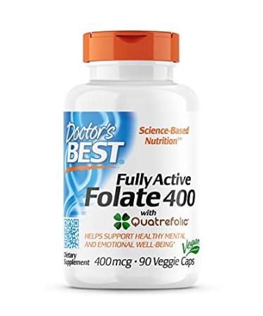 Doctor's Best Fully Active Folate (Folic Acid) with Quatrefolic 400 mcg 90 Vegan Capsules Vitamin C Laboratory Tested Highly Dosed Gluten Free SOYA Free Non-GMO