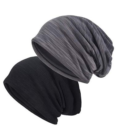 EINSKEY Slouchy Beanie for Men & Women, 2-Pack Oversize Long Skull Cap Large Knit Hat for All Seasons A_black & Grey (Thin) Thin & Lightweight