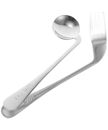 Parkinsons Utensils Adaptive Utensils Set Right Handed Grip Easy Spoon and Fork Set Stainless Steel Curved Spoon Fork Self Feeding Utensil for Disabled Elderly Patients Silver-1