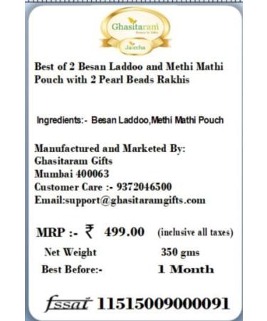 Ghasitaram Gifts Rakhi Gifts for Brothers Rakhi Sweets - Best of 2 Besan Laddoo and Methi Mathi Pouch with 2 Pearl Beads Rakhis Best of 2 Besan Laddoo & Methi Mathi with 2 Rakhis - Buy Online on GoSupps.com
