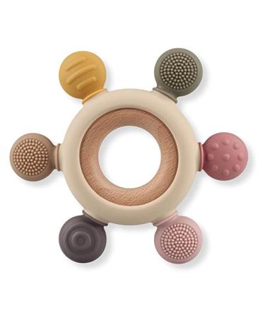 Baby Teething Toys Silicone Chewable Rings on Organic Wooden Ring & Silicone Teething Toys for Newborn 3+ Months (Pink Multi)