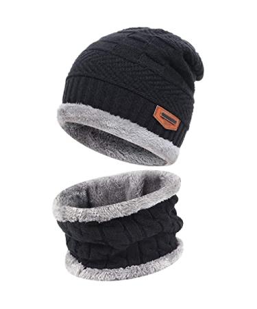 Mens Womens Winter Beanie Hat Scarf Set Warm Knit Hat Thick Fleece Lined Winter Cap Neck Warmer for Men Women A Black One Size