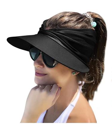 Muryobao Womens Sun Visor Hat Wide Brim Summer UPF 50+ UV Protection Beach Sport Cap Black