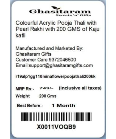 Ghasitaram Gifts Rakhi Gifts for Brothers Colourful Acrylic Pooja Thali with Pearl Rakhi with 200 GMS of Kaju katli - Buy Online on GoSupps.com