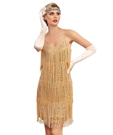 kayamiya Women's Fringe Flapper Dress 1920s V Neck Spaghetti Strap Sequin Party Dress Roaring 20s Great Gatsby Costumes Gold 4