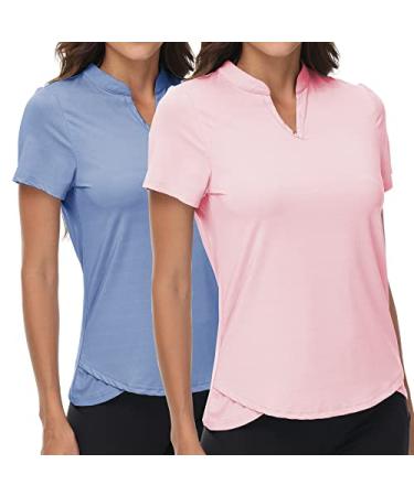 DOTIN Women's 2 Pack V-Neck Golf Polo Shirts Short Sleeve Collarless Quick Dry Sport T-Shirts Workout Tops Pink & Light Blue 2 Pieces X-Large
