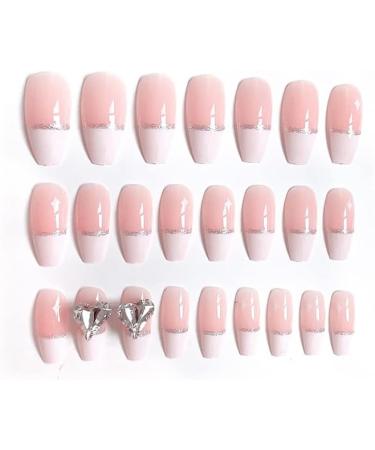 24Pcs/Set Press On Nails Pink and white nails with sparkling peach diamond long False Nails Acrylic Fake Nails Full Cover Nails Tips Artificial Finger Manicure Press on nails for Women and Girls - Buy Online on GoSupps.com