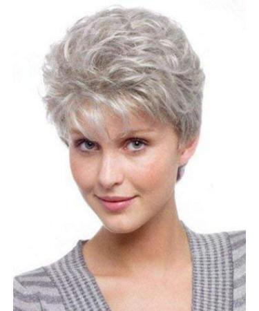 Royalfirst short curly wigs for women silver-gray hair wig with pony of course looks like real hair heat-resistant artificial hair wig with free wig cap