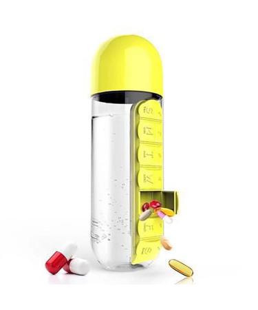 LuckyBamboo 2 in 1 Daily Medicine Box Storage Box Sports Water Bottle with Pill Box Organizer 7 Days Planner Box Capsule Organizer (Yellow)