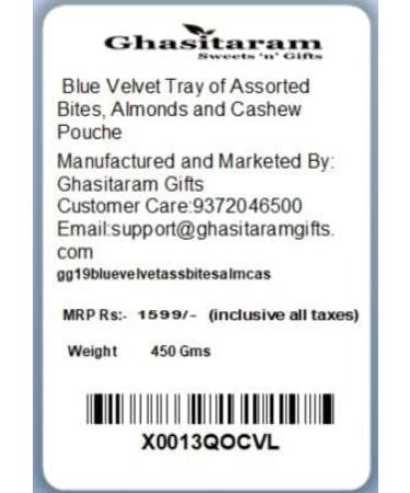Ghasitaram Gifts Christmas Gifts - Blue Velvet Tray of Assorted Bites 250 GMS Almonds 100 GMS and Cashew 100 GMS Pouches Tray of Assorted Bites Almonds and Cashew - Buy Online on GoSupps.com