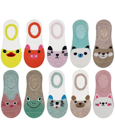 RATIVE Thin Flat Liner No Show Low Cut Cotton Socks For Kids Girls 10-pairs/Funny Animals