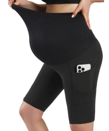 Sweetaluna Maternity Shorts Over The Belly with Pockets, Women's Pregnancy Active Black Yoga Capris Pants 8'' Black Medium-Large