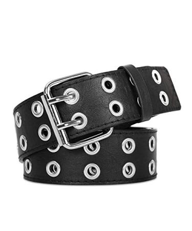 XZQTIVE Double Grommet PU Leather Belt for Women/Men Punk metal Jean Belt Wide 1.5 Inch Fit Pants 22-35inch 01 Black