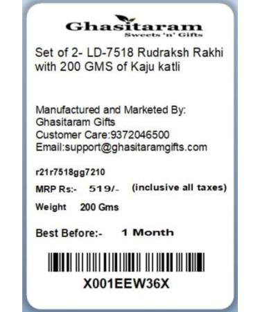 Ghasitaram Gifts Rakhi for Brother Rakhis Online - Set of 2- LD-7518 Rudraksh Rakhi with 200 GMS of Kaju katli - Buy Online on GoSupps.com