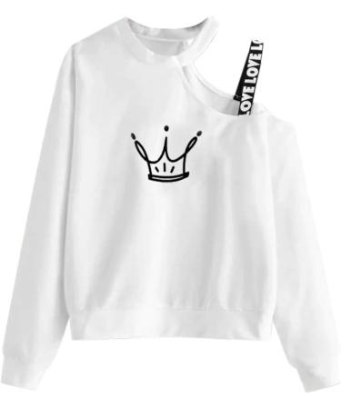 Bigfanshu Women Crop Fluffy Sweatshirt Off Shoulder Strap Top Long Sleeves Skew Collar Cartoon Print Anime Clothes White - Buy Online on GoSupps.com