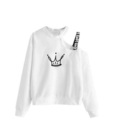 Bigfanshu Women Crop Fluffy Sweatshirt Off Shoulder Strap Top Long Sleeves Skew Collar Cartoon Print Anime Clothes White