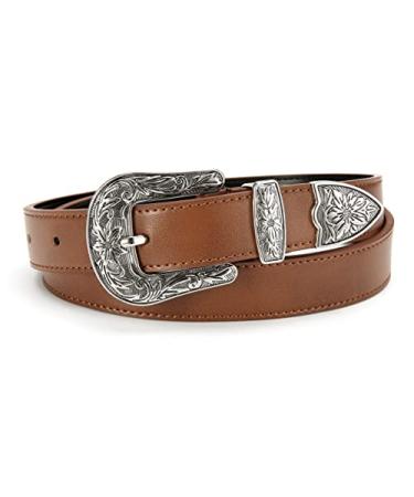 Western Belt for Women 1.1" CR Cowboy Belt Leather Belts for Women Country Belts for Women with Vintage Buckle for Jeans Brown 33-35 (Fits Pants 8-10 )