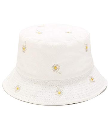 Umeepar Embroidered Bucket Hat Reversible Packable Foldable Beach Sun Hat Outdoor Cap for Women Men Daisy White/Plain White