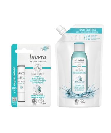 MM lavera basis sensitiv Lip Balm for Sensitive Lips & Refill Bag Shower Basic Sensitive 2-in-1 with Organic Aloe Vera & Vegetable Keratin | Natural Lip Care & Gentle Shower Gel