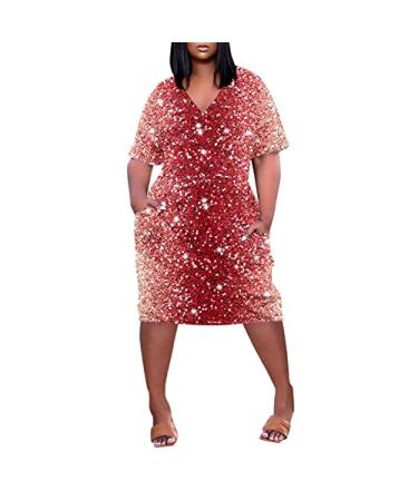 Plus Size Tshirt Dress for Women Oversized V Neck Short Sleeve Tunic Dress with Pockets Baggy Flowy Summer Dresses Midi Dress #D2-red 5X-Large