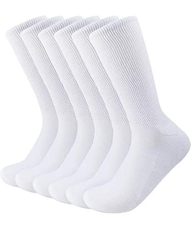 Diabetic Socks for Mens Womens Loose Fit Non-Binding Crew Socks 6 Pairs MADE IN USA Medium White