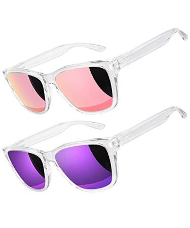 LINVO Polarized Sunglasses for Men and Women,Driving Fishing Golf HD UV400 Shades B Clear Frame | Pink Mirrored Lens + Clear Frame | Purple Mirrored Lens Pink