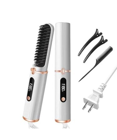 Wired Hair Straightener Comb Hair Straightening Iron with Built-in Comb Negative Ion Hot Comb Hair Straightener Anti-Scald Hair Straightener Brush for Home Office Travel and Gift (Wired White)