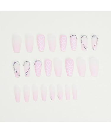 Foccna Coffin Valentine's Day Press on Nails - Pink Rhinestone Medium Long False Nails for Women - Acrylic Matte Full Cover Manicure Decoration - Buy Online on GoSupps.com
