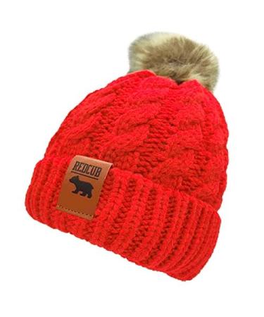 REDCUB Toddler and Baby Winter Bobble Hat Beanie with Pom Pom | Girls Boys Acrylic Kids Baby Beanies | Soft Thick Knit Winter Bobble Hat | 12-36 Months 12-3 Years Berry Red
