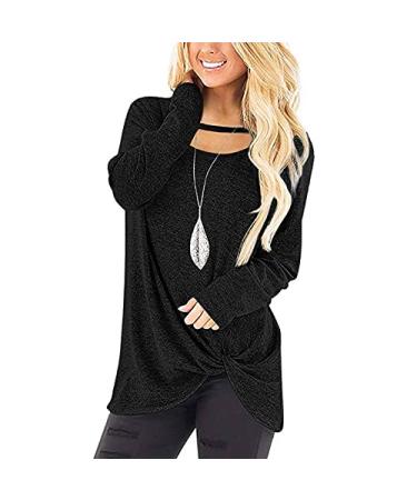 Appoi Women's Long Sleeve Tops Sexy Cutout Boatneck Blouse Twist Front Loose Casual Solid Tunic Shirts Black Medium