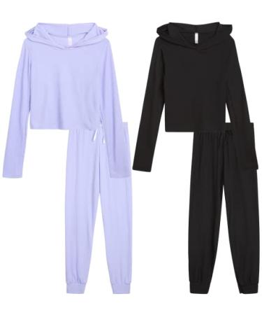 Sweet Hearts Girls' Sweatsuit Set - 4 Piece Lightweight Ribbed Pullover Hoodie Sweatshirt and Jogger Sweatpants (7-16) Black/Lavender 10-12