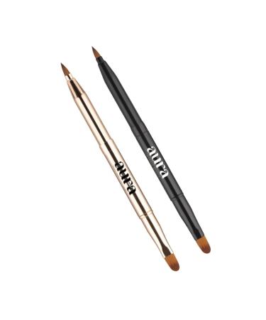 Aura Retractable Brush for application on lips or eyes. Liner Brush Lip Gloss Eyeshadow Concealer Brush. 2 Pieces Double-ended Lip Applicator with Cap (Black/Gold)