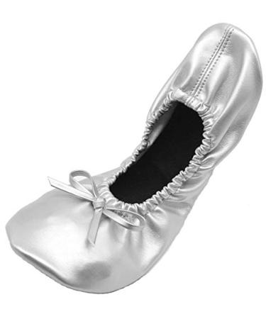 Women's Portable Foldable Ballet Flats Shoes Pumps Roll Up Slippers with Travel Pouch Bag Large Silver+expandable Tote