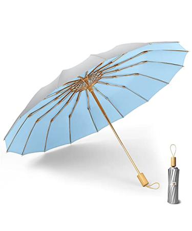 OZ SMART Sun/Rain Compact Umbrella, UPF 50 UV Protection 16 Fibreglass Ribs Super Windproof Folding Umbrella Parasol, Sun Blocking Travel Golf UV Umbrella Silver / Sky Blue