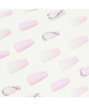Foccna Coffin Valentine's Day Press on Nails - Pink Rhinestone Medium Long False Nails for Women - Acrylic Matte Full Cover Manicure Decoration - Buy Online on GoSupps.com