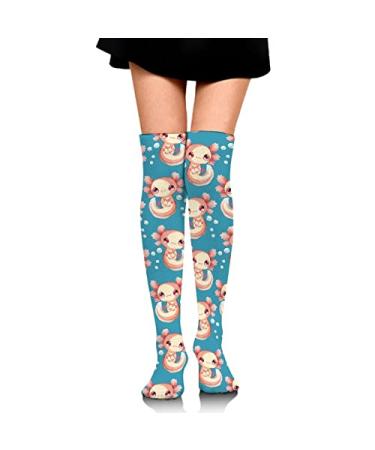 Aiyoolee Novelty Compression Socks for Girls, Thigh High Crew Socks Axolotls Hearts And Bubbles Teal Green, Breathable and Moisture Wicking Socks for Birthday Party Dress, One Size