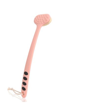 Bath Body Brush Non-Slip Handle Built-in TPR Enhance Grip 15 in Long Handle with Comfy Bristles Gentle Exfoliation Improve Skin's Health and Beauty for Women Men Shower Brushing (Pink)