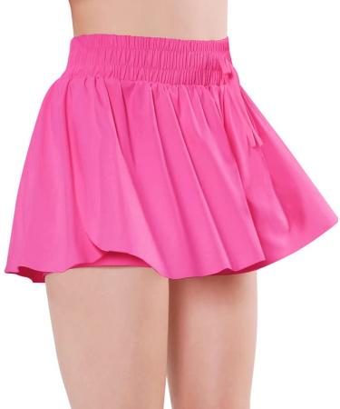 Girls 2 in 1 Flowy Athletic Shorts with Pockets Butterfly Running Workout Fitness Elastic Waist Sports Shorts for Kids Rose Red 8 Years