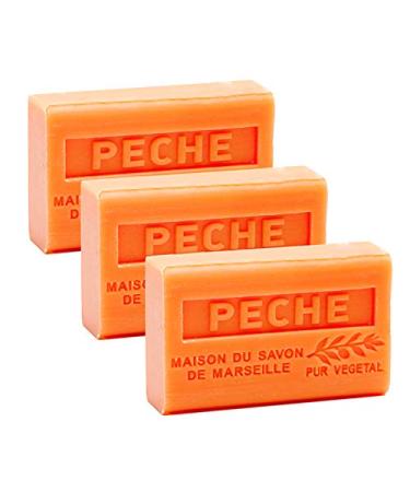 French Soap 3 x 125 g - Peach - Shea Butter - La Maison du Savon de Marseille Savon Peach 125 g (Pack of 3)