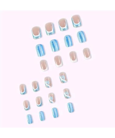 French Tip Press on Nails - Short Square Press On Nails with Nail Tips White edged Sparkling Blue and Light Blue Flowers press on nails Acrylic False Nails Cute Artificial Nails - Buy Online on GoSupps.com