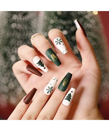Brishow christmas artificial nails snow nails to glue Christmas tree press on nails long wrong nails 24 pieces for women and girls (3)