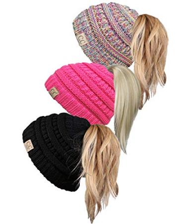 Funky Junque BeanieTail Children s Ponytail Messy Bun Beanie Solid Ribbed Hat 3 Pack - Black Candy Pink #11