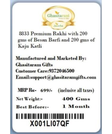 Ghasitaram Gifts Rakhi for Brother Rakhis Online - 8833 Premium Rakhi with 200 GMS of Besan Barfi and 200 GMS of Kaju Katli Rakhi with 200 gms of Besan Barfi & Kaju Katli - Buy Online on GoSupps.com