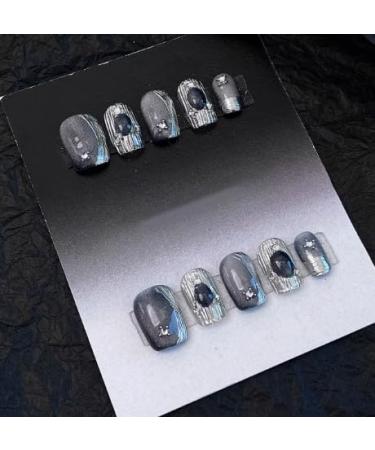 Y2K False Nail Kit Silver Gray Press On Nails Almond Handmade Jelly Gel Fake Nail -3D Sliver Glitter Flash Technology Sense Cat Eye Glitter Almond Glue On Nail Stiletto Acrylic Short Oval Stick On False Nail for Women (S Regular Size 15mm) S Regular Size 
