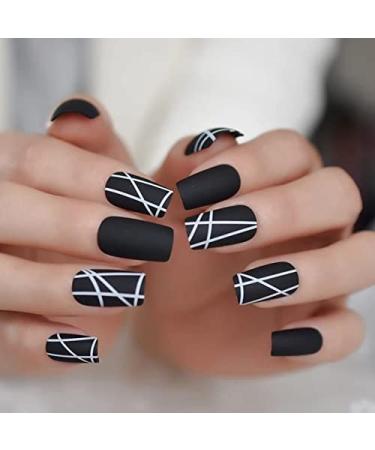 A N K 24 pieces Black false Nails medium length full coverage Glossy fake Artificial nails (Black Strip nail) Striped