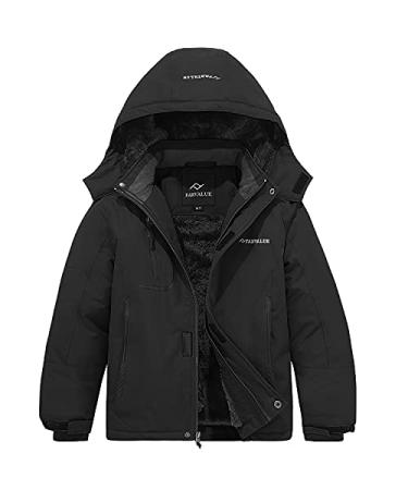 FARVALUE Boys Waterproof Ski Jacket Windproof Winter Coat Warm Snow Coat Outdoor Raincoats with Removable Hood 14-16 Black
